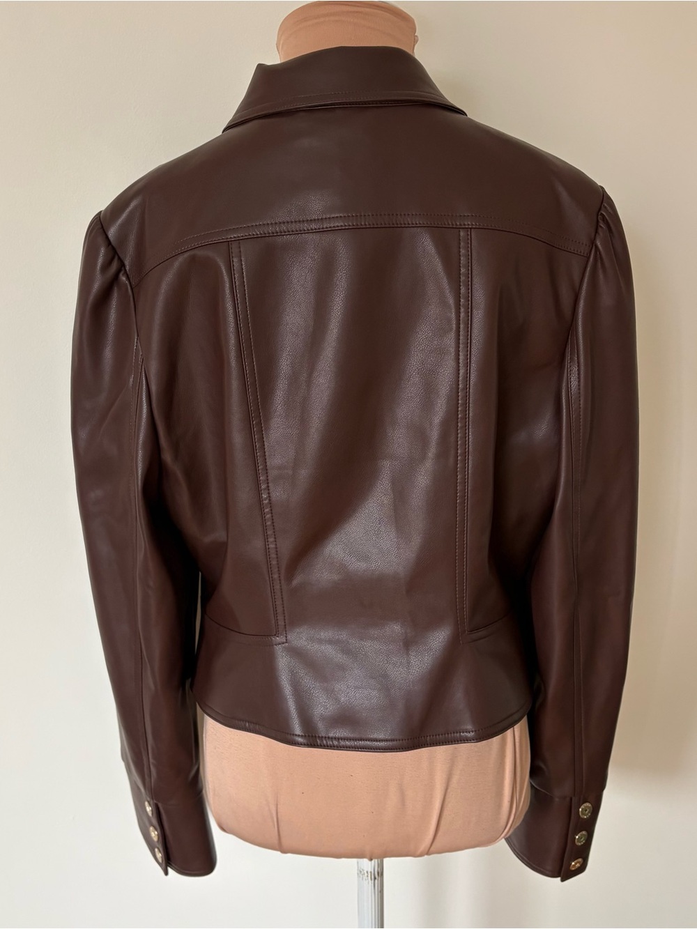 BCBG Seamed Notch Hem Brown Faux Leather Long Sleeve Coquette Biker Jacket EUC L - Picture 8 of 15